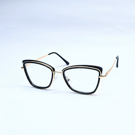 A pair of women's cat-eye eyeglasses featuring a glossy black frame with gold metal trim and temples, displayed on a clean white background.