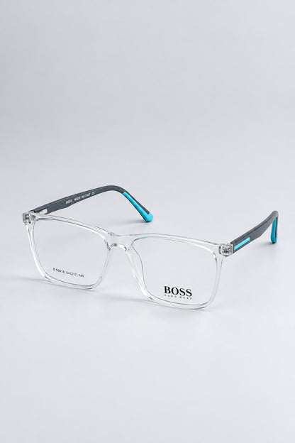 BOSS clear acetate eyeglasses with gray temples and light blue accents, displayed on a light blue background.