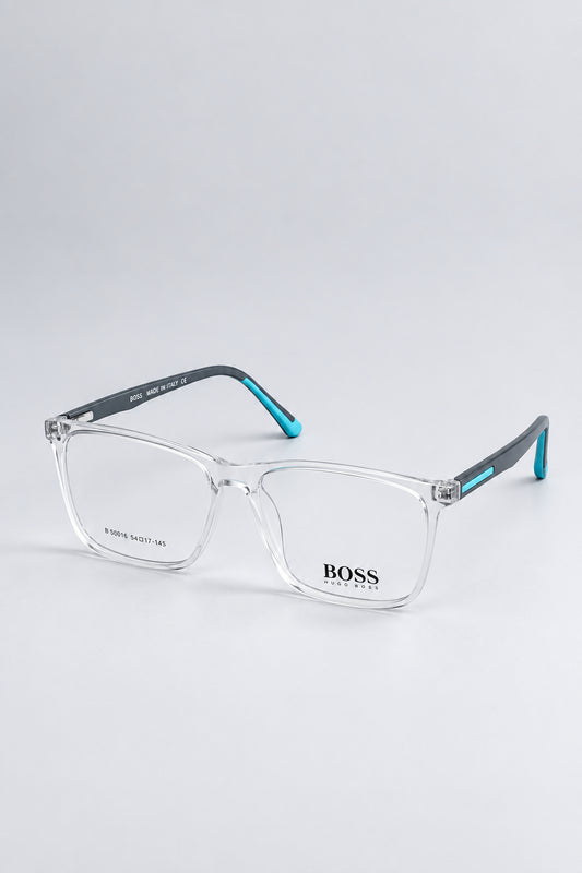 BOSS clear acetate eyeglasses with gray temples and light blue accents, displayed on a light blue background.