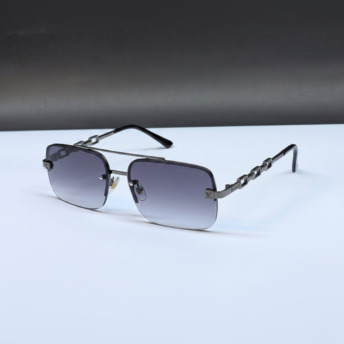 Rimless square sunglasses with a dark gunmetal metal frame and gradient gray lenses, displayed on a white surface with a dark gray background.