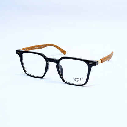 Mont Blanc eyeglasses featuring a black acetate frame, light brown wood temples, and clear lenses with the brand logo printed on the lower right lens.