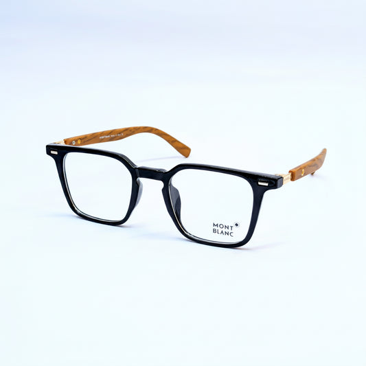 Mont Blanc eyeglasses featuring a black acetate frame, light brown wood temples, and clear lenses with the brand logo printed on the lower right lens.
