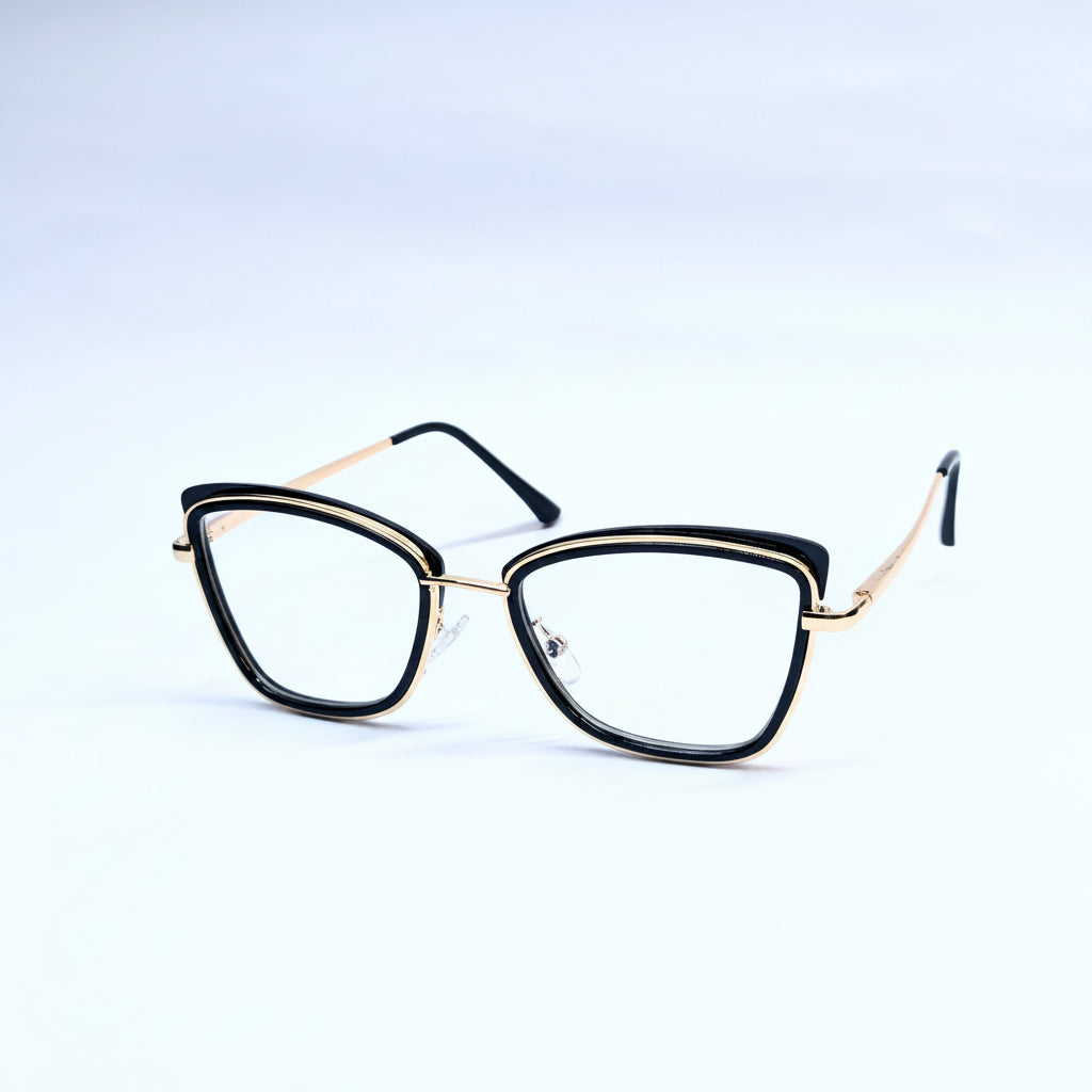 A pair of women's cat-eye eyeglasses featuring a glossy black frame with gold metal trim and temples, displayed on a clean white background.